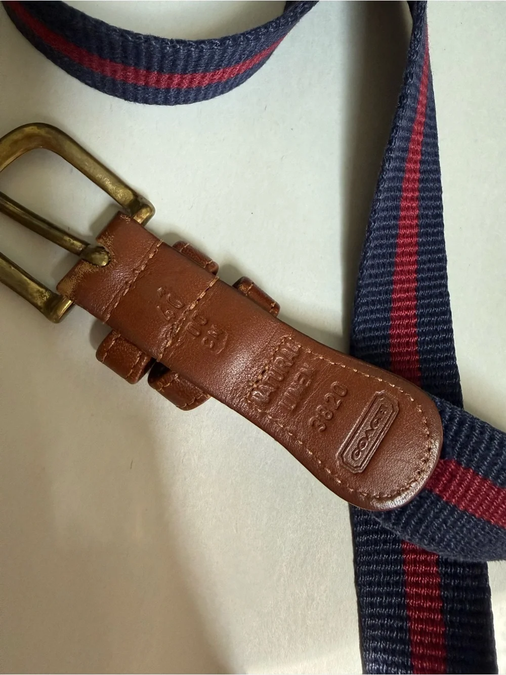 vintage Coach surcingle webbing linen belt navy blue with red burgundy stripe